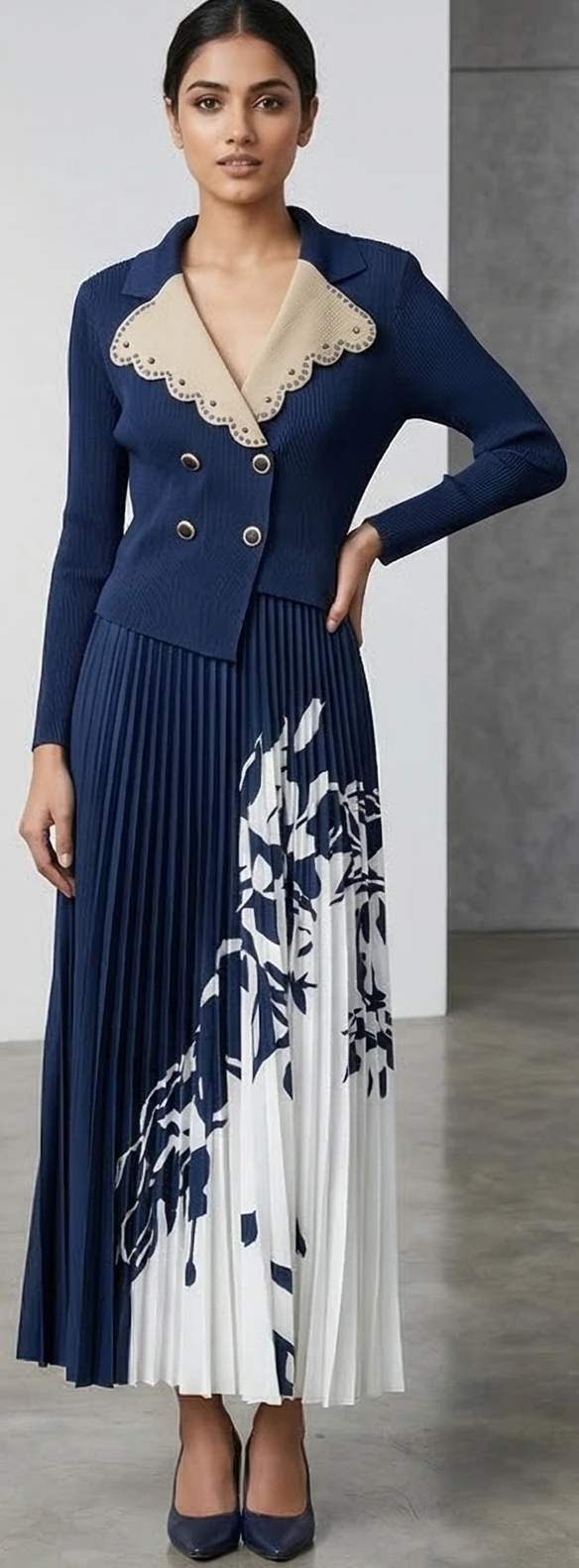 Midnight Blue Scalloped Collar Pleated Set