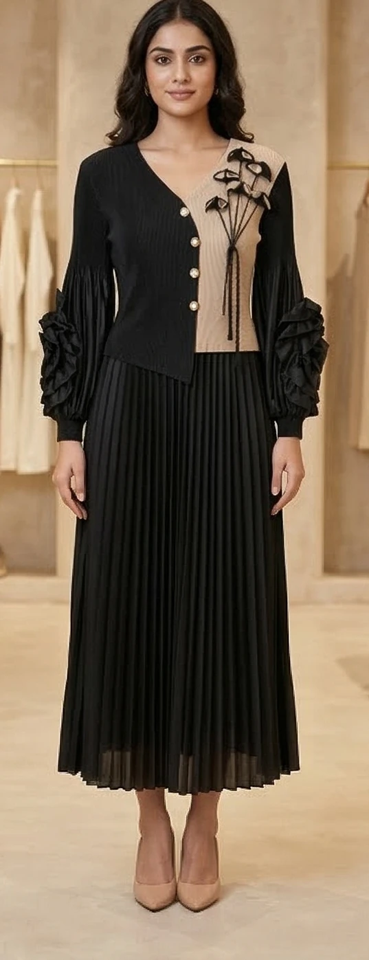 "Vintage-Inspired Scalloped Pleat Midi in Rust & Cream"