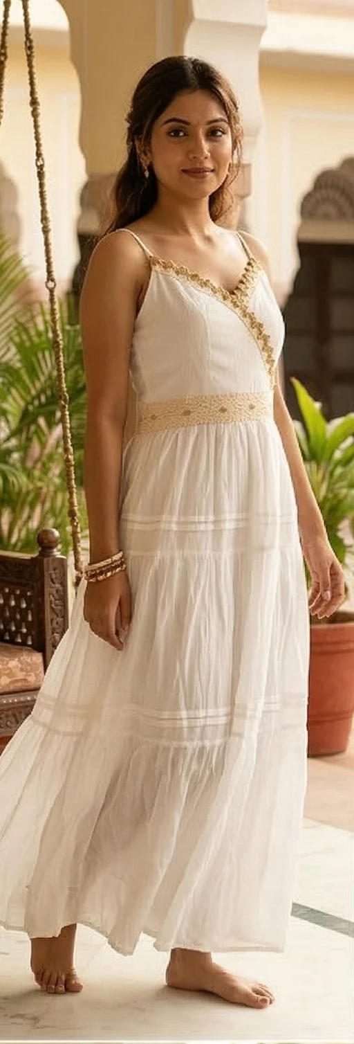 White Summer Sundress with Scalloped Gold Lace