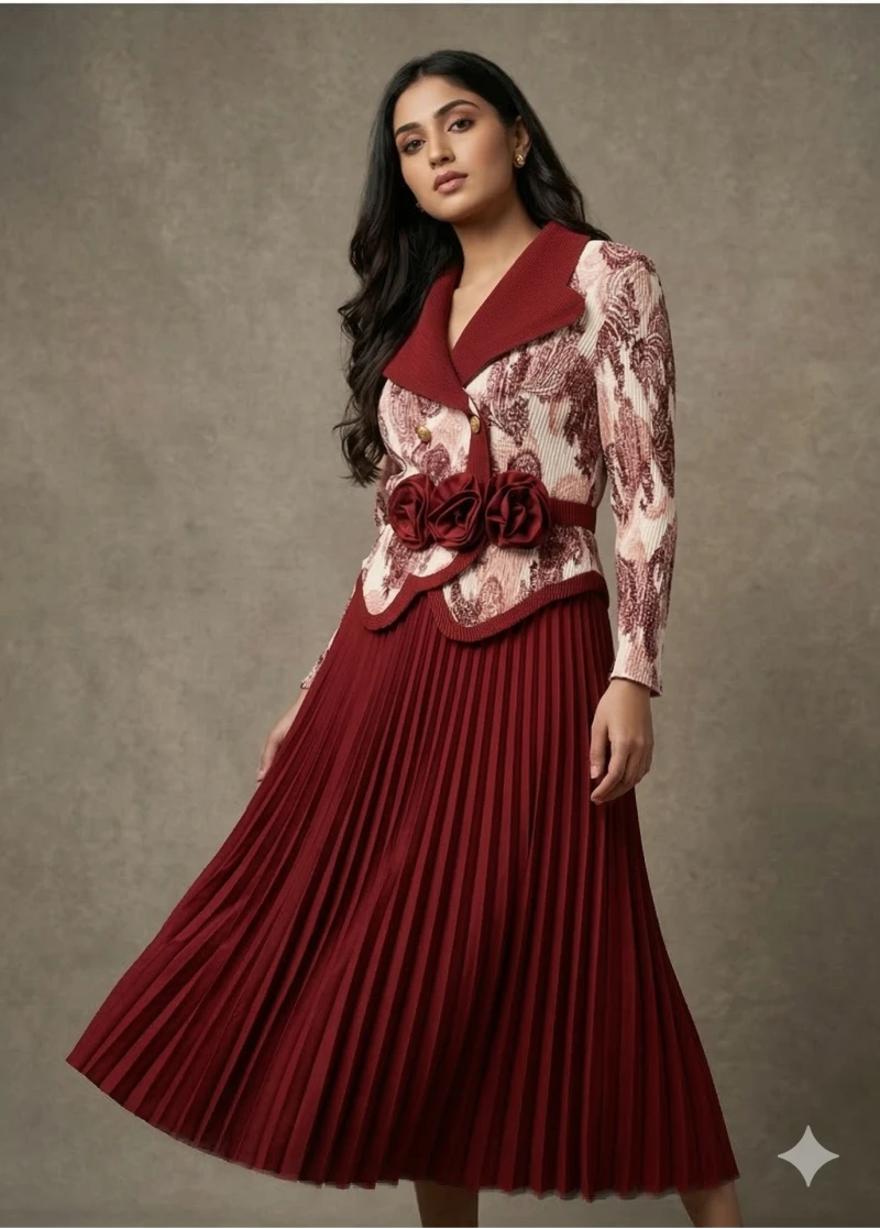 Inspired Maroon Pleated with Floral Waist Appliqué and Patterned Blazer