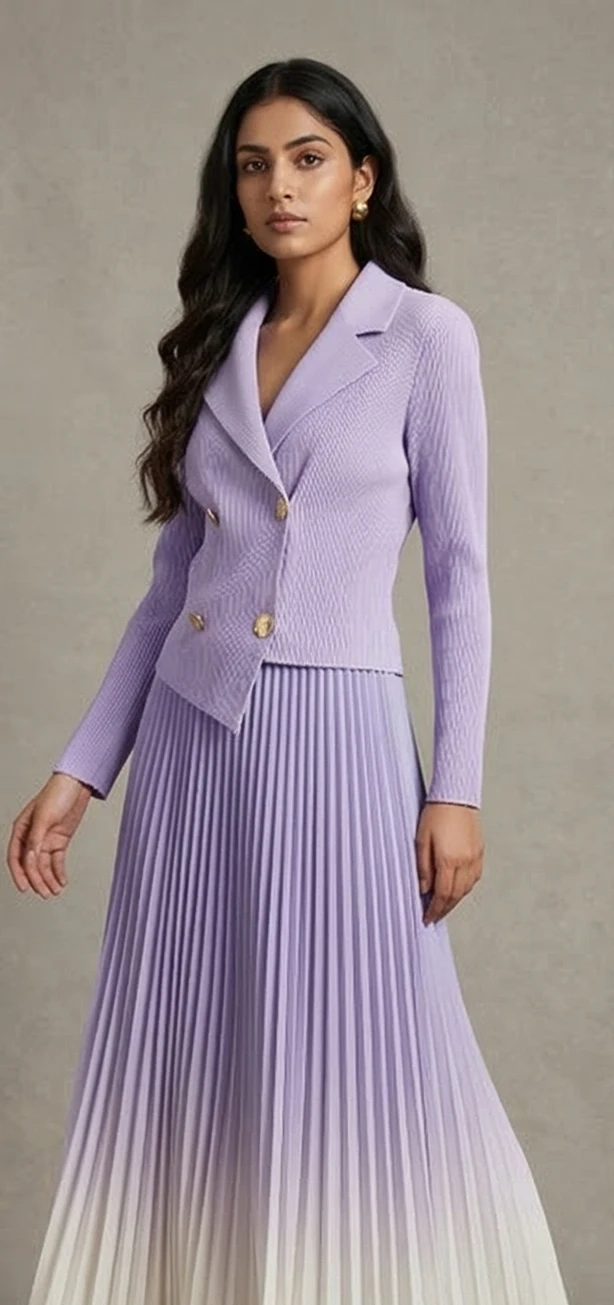 Women Lavender Ribbed Notch-Lapel Blazer with Ombre Pleated Midi Skirt