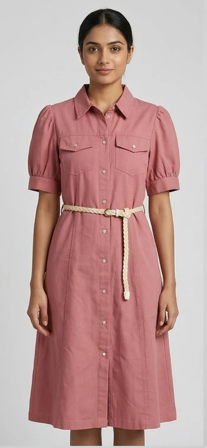 Dusty Rose Utility Midi Dress – Featuring Puff Shoulders and Woven Belt
