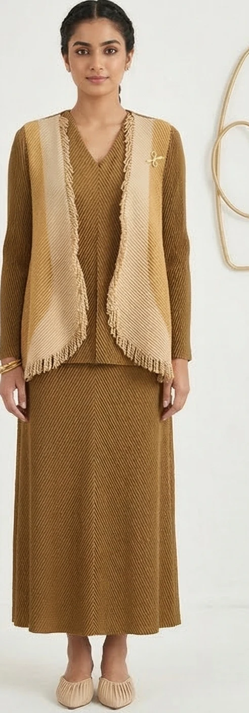 Two-Piece Set with Fringed Open-Front Vest and Matching Skirt