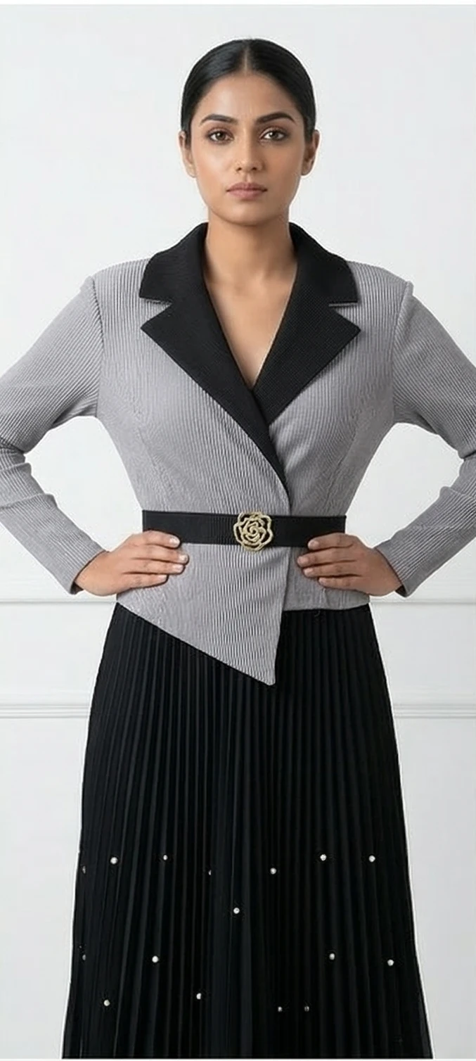 Women’s Long Sleeve Pleated Patchwork Dress with Belted Floral Buckle and Pearl Embellished Skirt