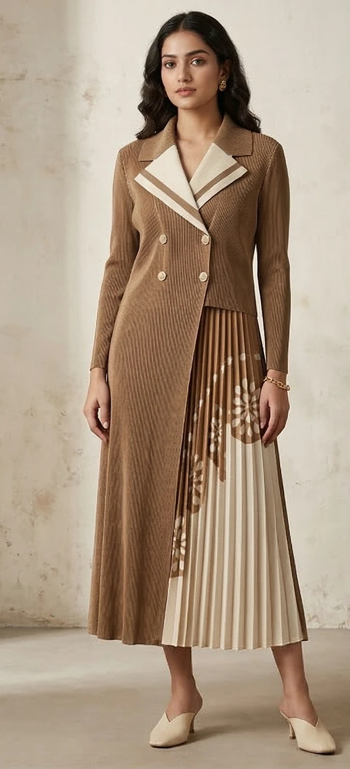 Asymmetric Pleated Midi Dress with Contrast Lapel and Floral Panel