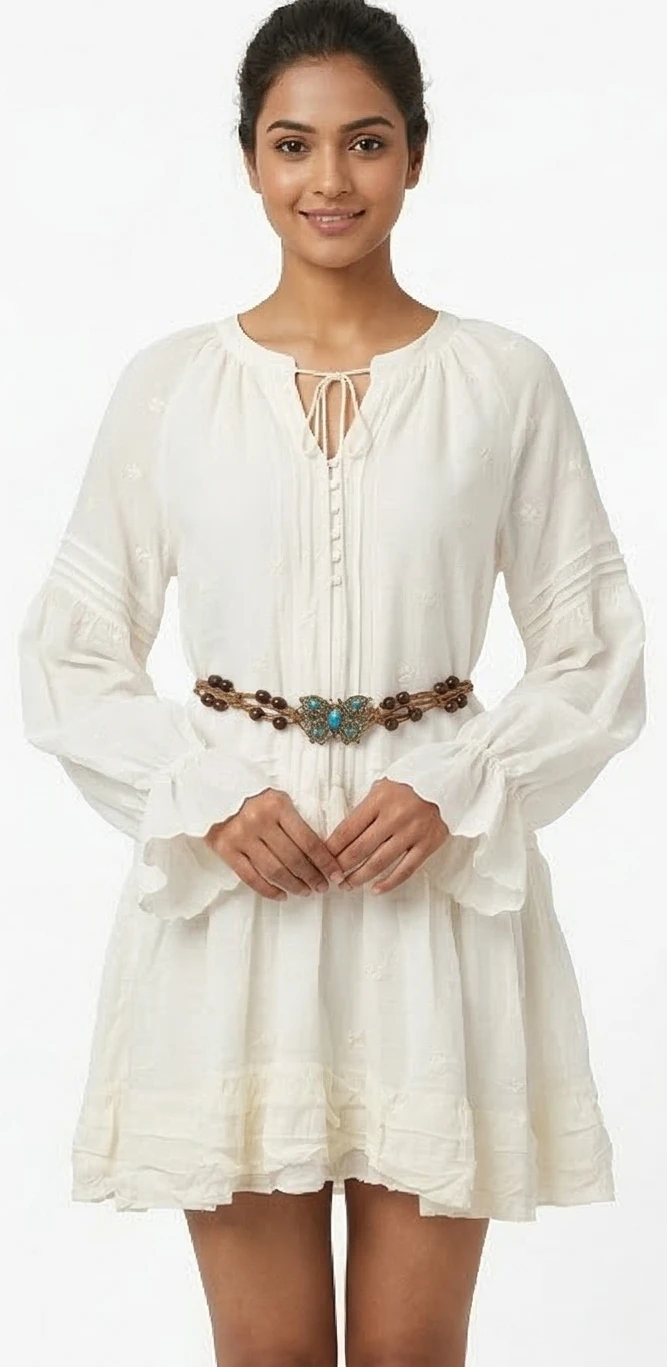 Women’s White Embroidered Boho Mini Dress with Beaded Butterfly Turquoise Belt