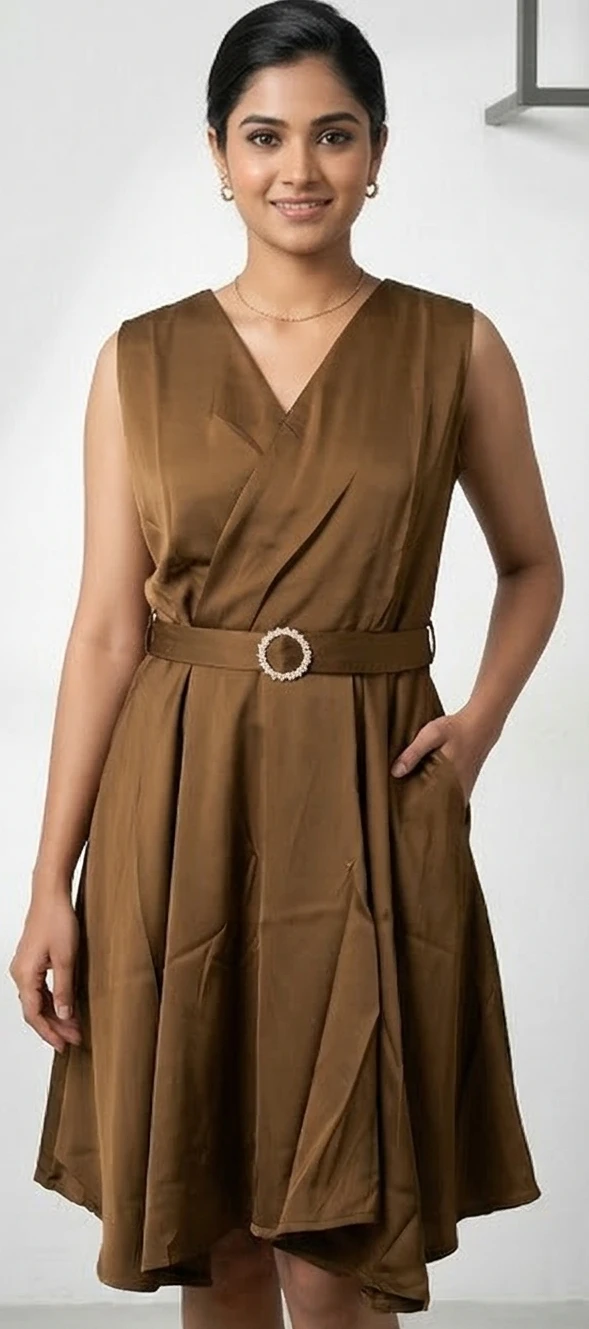 Women's Bronze Satin V-Neck Sleeveless Midi Dress with Crystal Buckle Belt