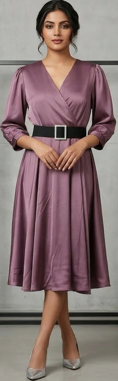 Women’s Satin Mauve V-Neck Midi Dress with Belt and Puff Sleeves