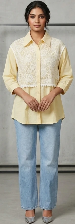 Women Yellow & White Lace-Panelled Regular Shirt