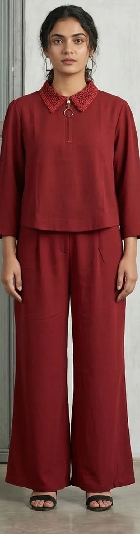 Midnight Black Corset-Style Button-Up Tunic & Relaxed Fit Pants Set