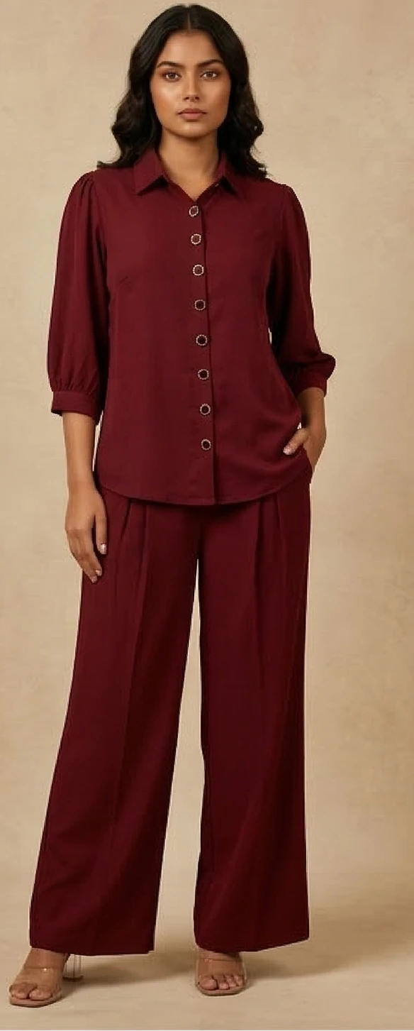 The Modern Muse Co-ord: Wine Red Button-Down & High-Waist Trouser Set