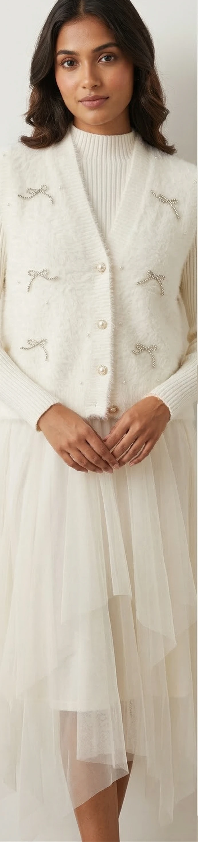 Women's Off-White Knit Cardigan & Tiered Tulle Midi Dress Set