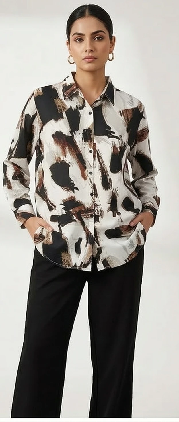 Women’s Down Shirt & High-Waist Wide-Leg Trousers Set - 2 Piece Co-ord