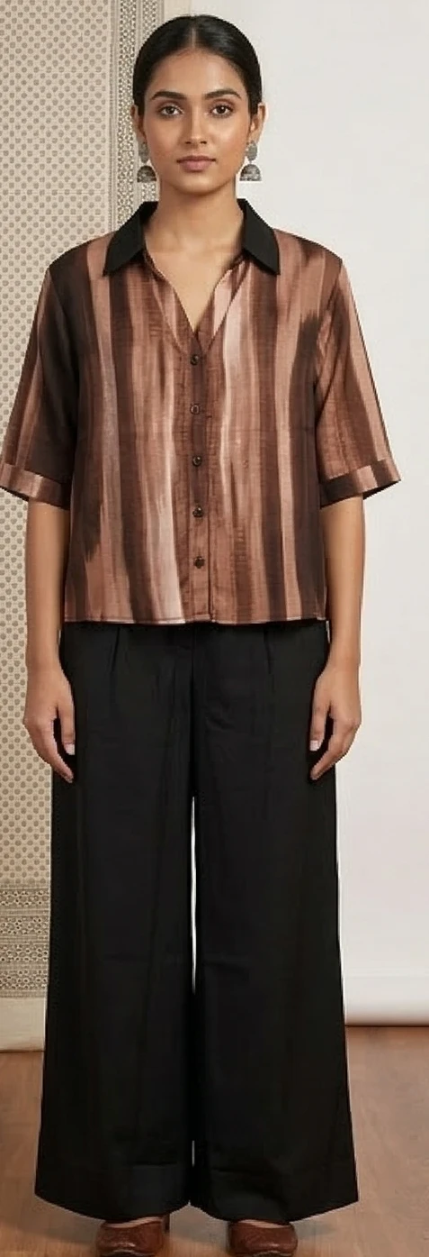 Women's Brown Streaked Print Button-Down with Black Flare Pants