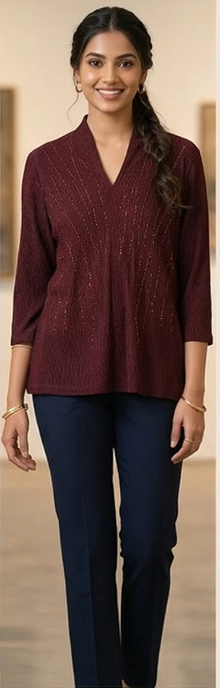 Women’s Wine Burgundy Textured Knit Tunic with Embellished