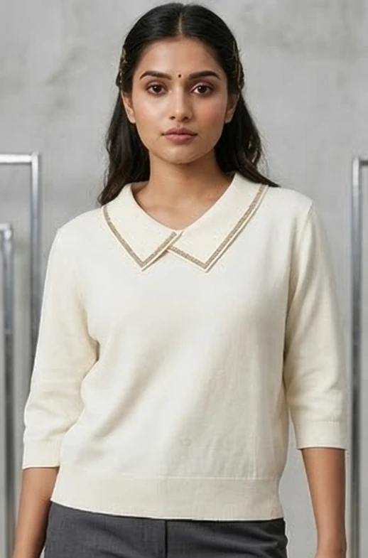Women's Off-White Quarter-Sleeve Knit Sweater with Embellished Peter Pan Collar