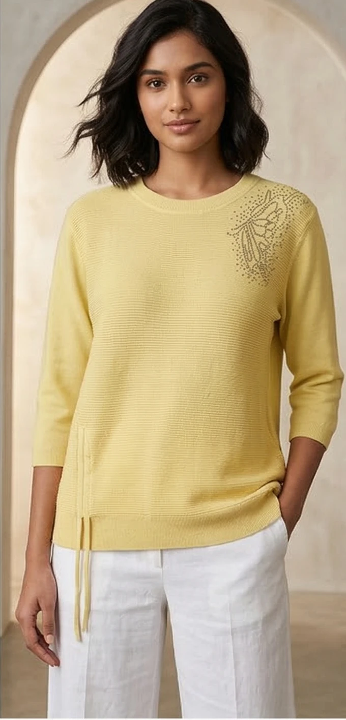 Women’s Pastel Lemon Knit Top with Embellished Butterfly Shoulder & Side-Tie Detail