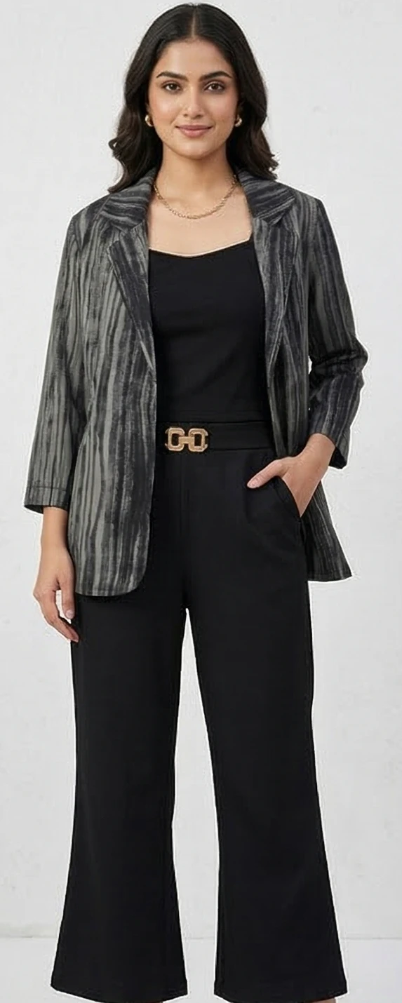 Women's 3-Piece set Open-Front Printed Blazer, Fitted Camisole, and Wide-Leg Trousers with Gold Buckle Detail