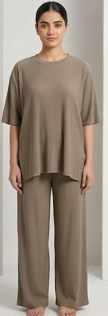 Women Taupe Ribbed Oversized T-shirt & Loungewear Trousers Set