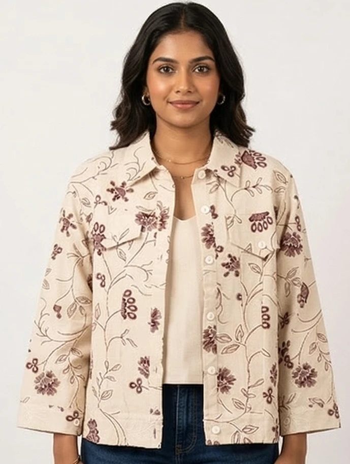 Women’s Floral Embroidered Cotton Jacket and crop top