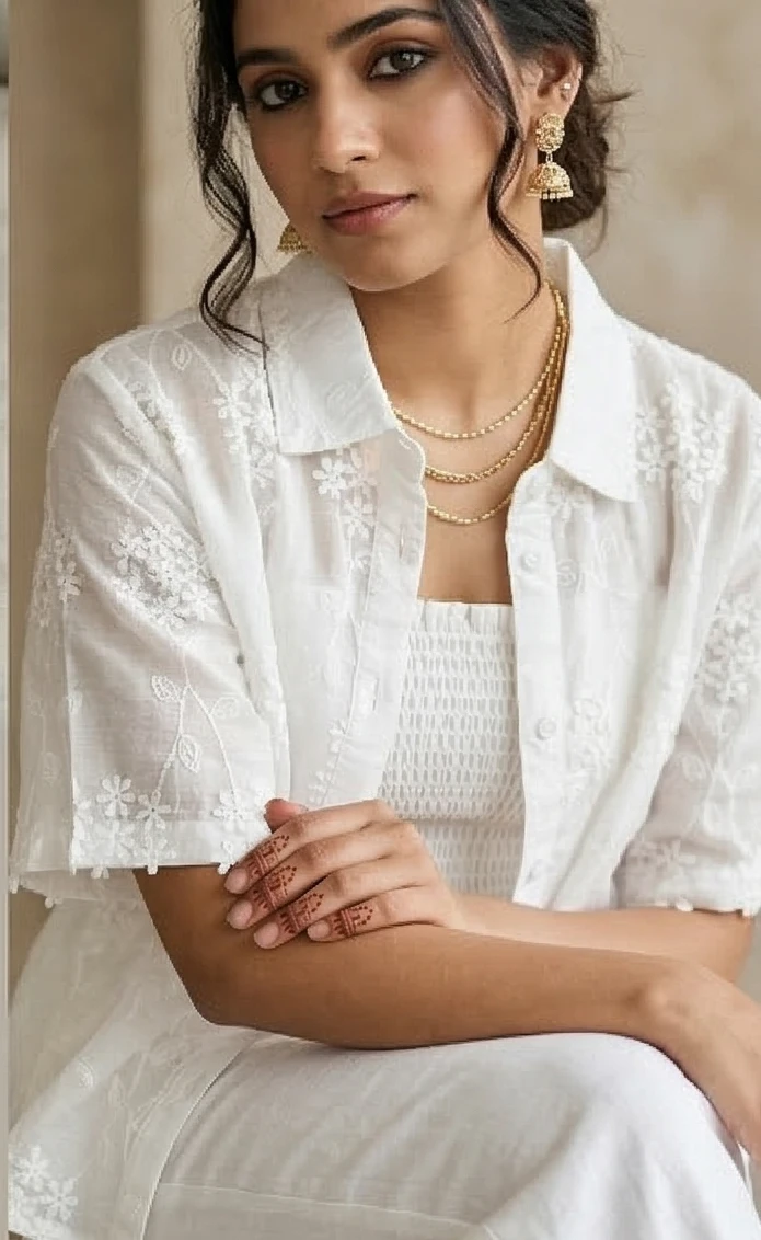 Ethereal White Lace Layering Set: Boxy Floral Shirt with Smocked Inner