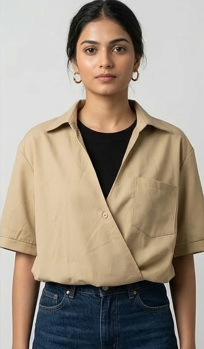 women cream Relaxed Fit Wrap Top with Black Inner Layer