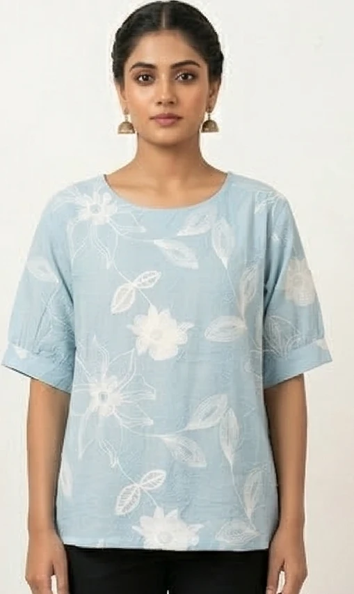 Light Blue Lucknowi-Inspired Short Kurti – Modern Floral Embroidery Summer Wear