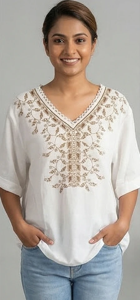 Women's White Cotton Embroidered V-Neck Boho Tunic Top