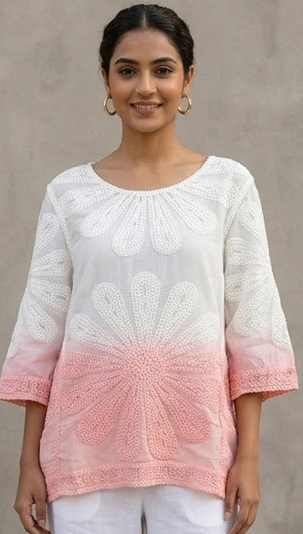 Pink & White Ombre Embroidered A-Line Top