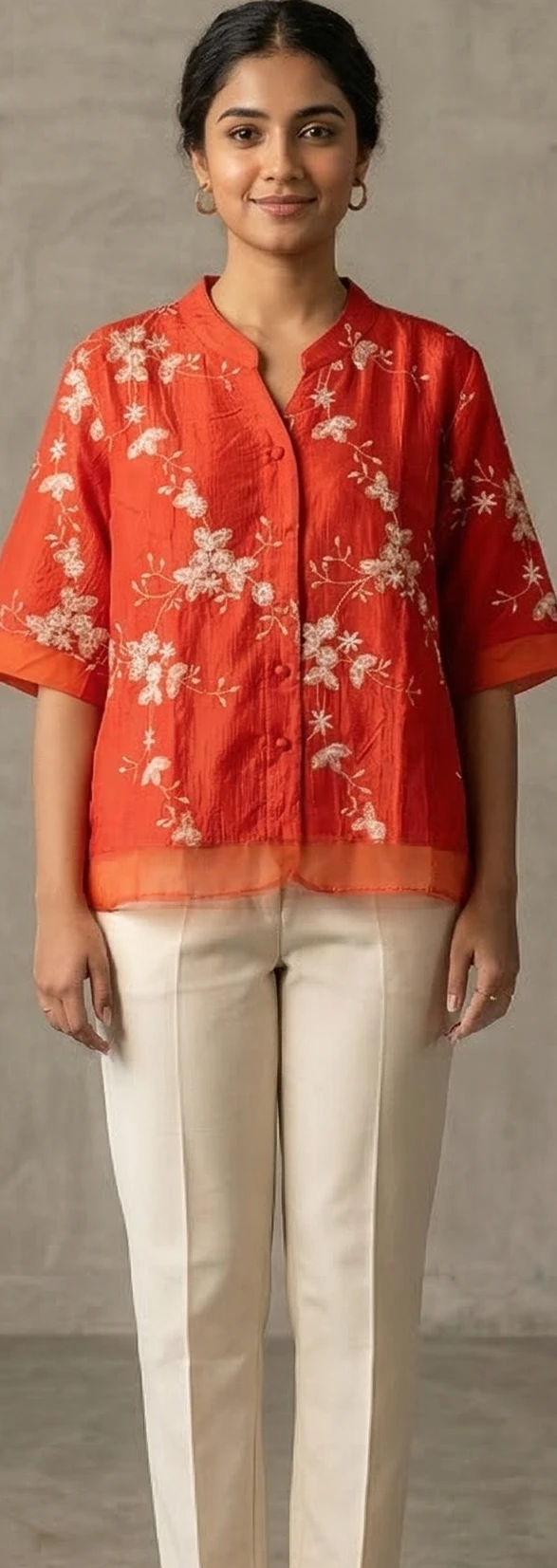 Women red Floral Embroidered Silk Blend Boxy Top