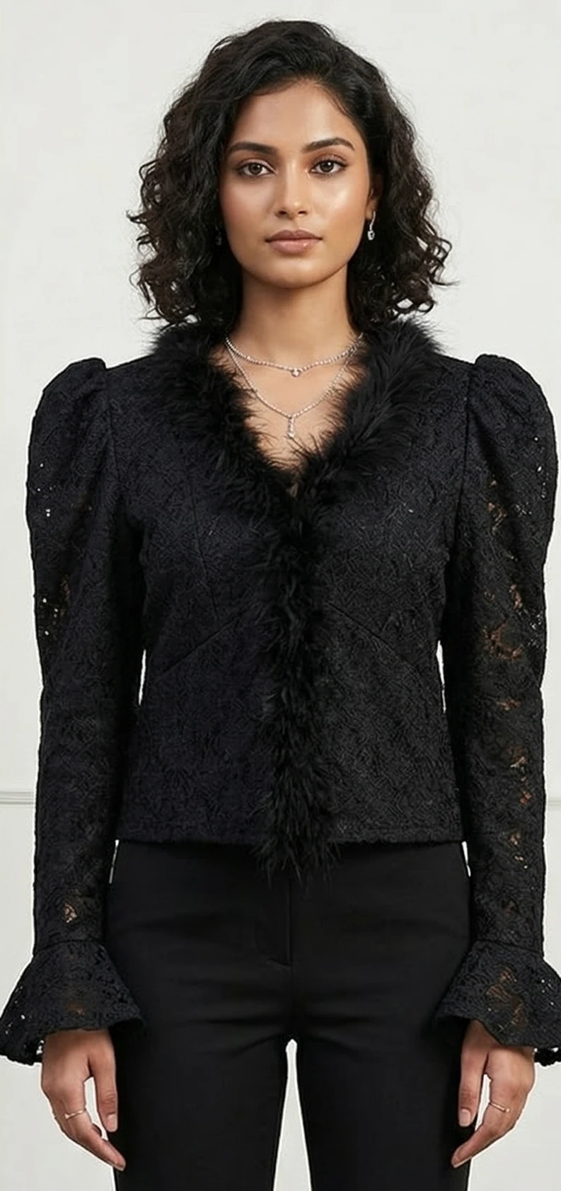 Midnight Lace Peplum top with Faux Feather Trim