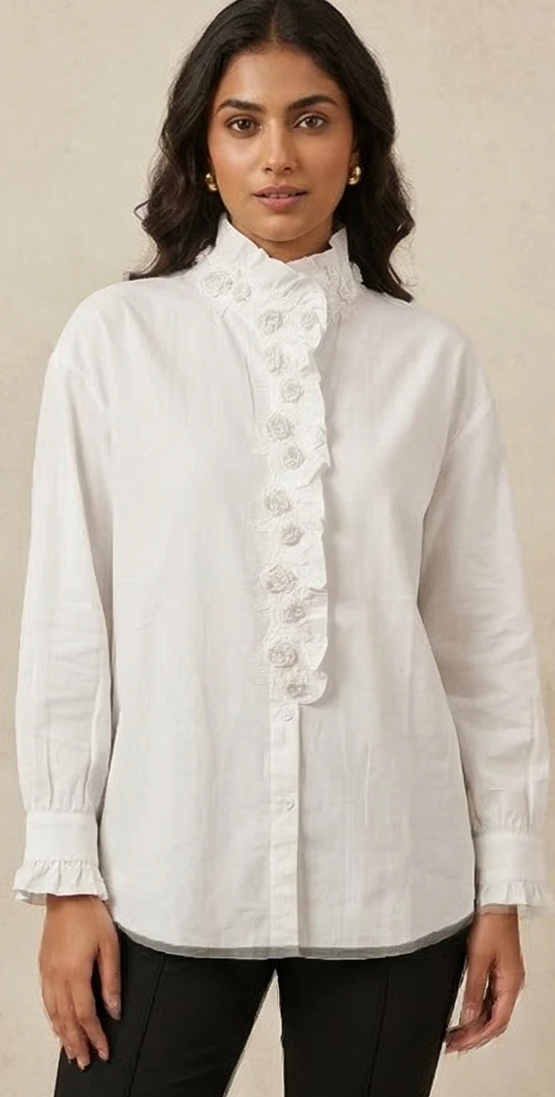 Vintage-Inspired White Floral Lace Crop Top with Faux-Fur Trim & Flared Cuffs