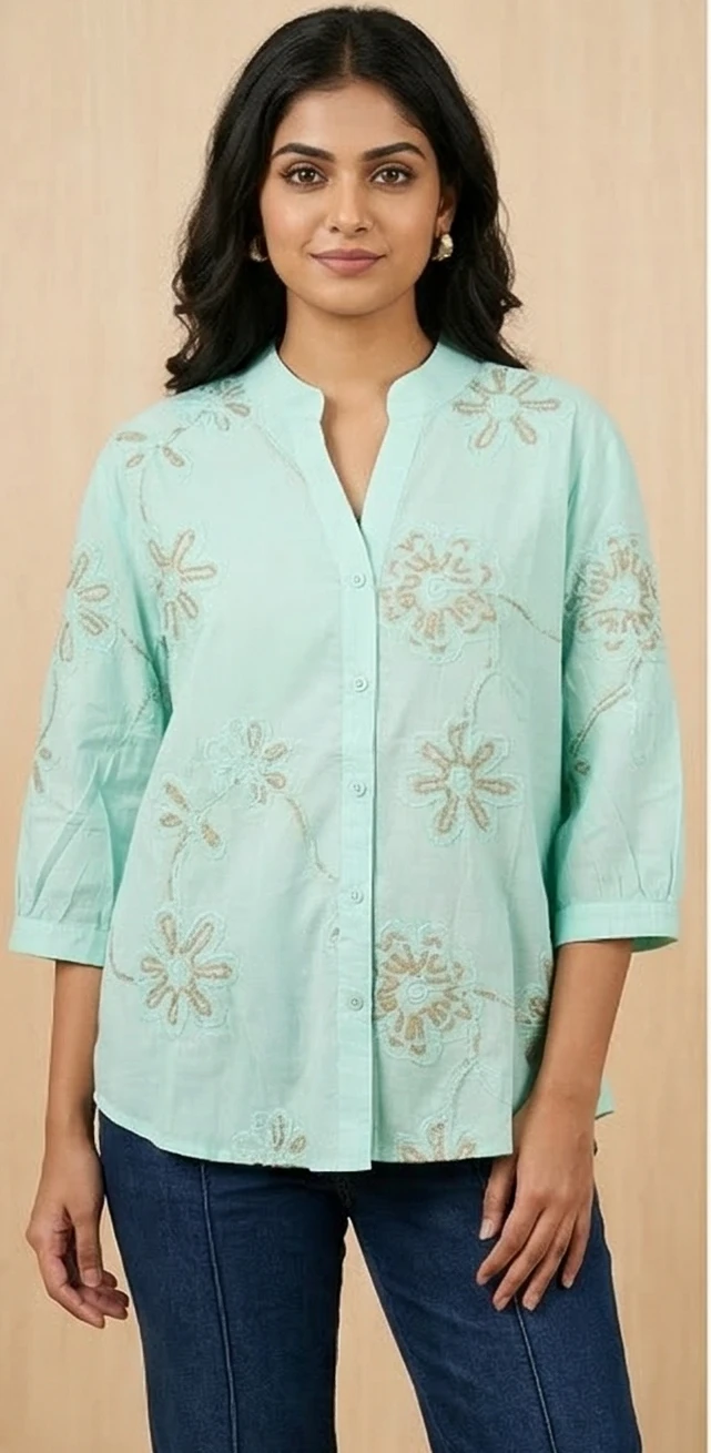 Women Sea Green & Gold Floral Embroidered A-Line Tunic