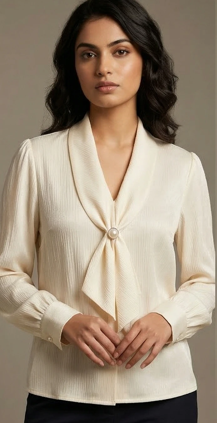 Women Cream-Coloured Textured Pussy-Bow Regular top