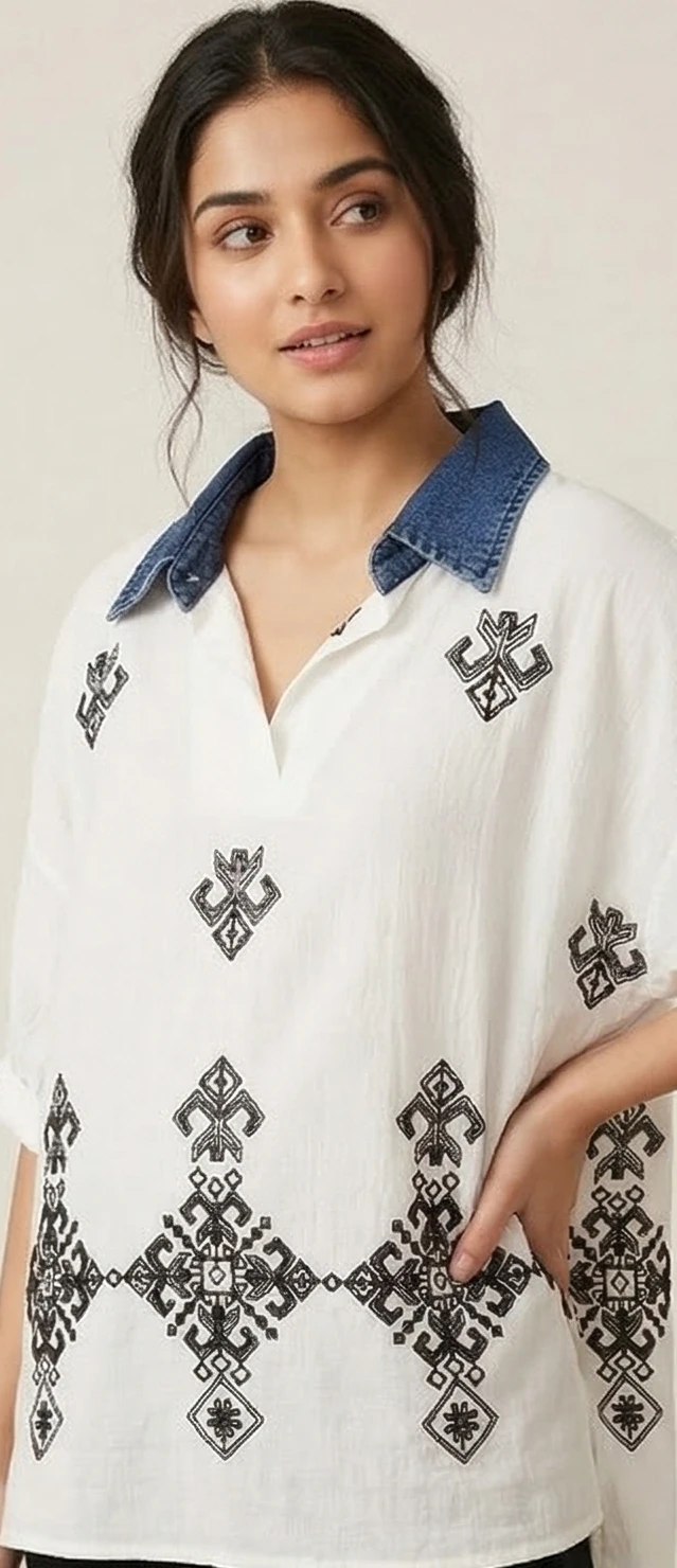 Ethic-Chic Embroidered Cotton Kaftan Top with Vintage Denim Neckline