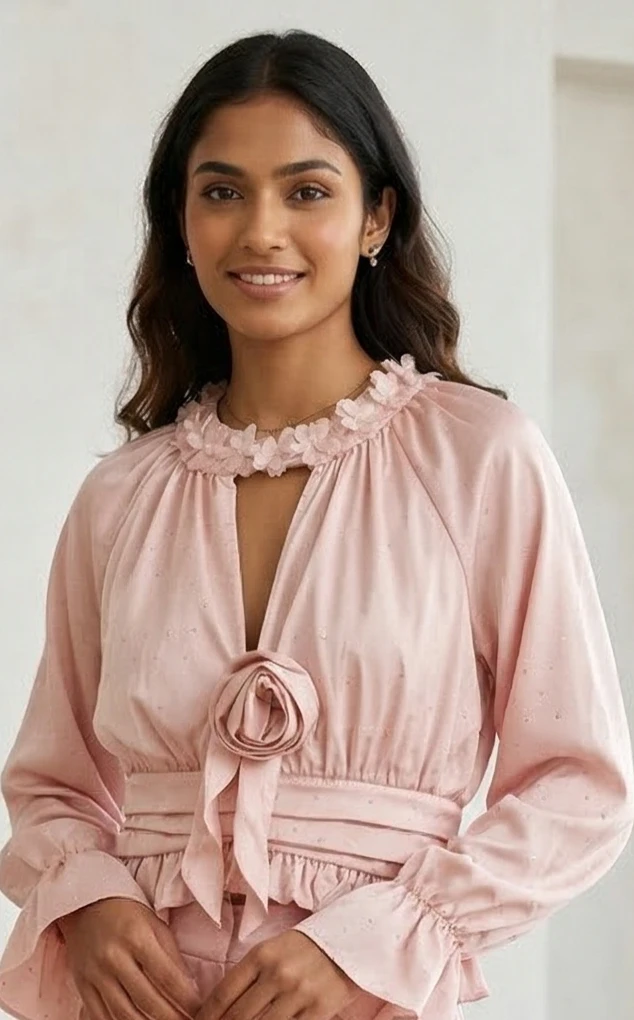 Floral Appliqué Rosette Crop Top in Pastel Pink – Ruffled Cuffs & Smocked Waist