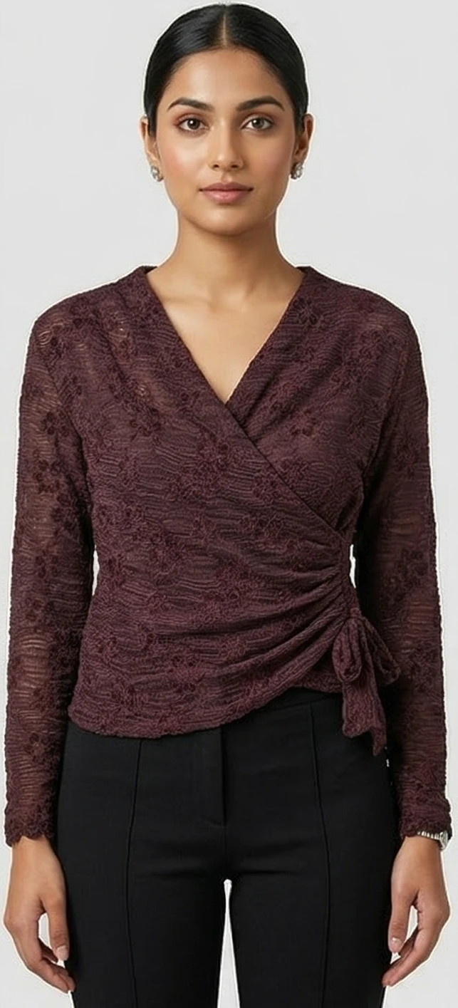 Vintage-Inspired Wine Lace Mesh Wrap Top – Sheer Floral Long Sleeve