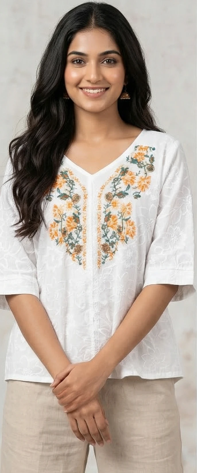 Women’s White Cotton Schiffli Embroidered V-Neck Top with Floral Threadwork