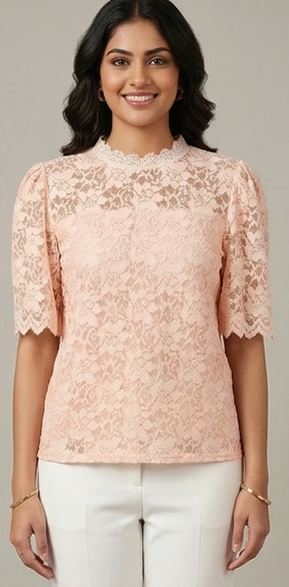 Peach Blossom Scalloped Lace Top with Puff Sleeves