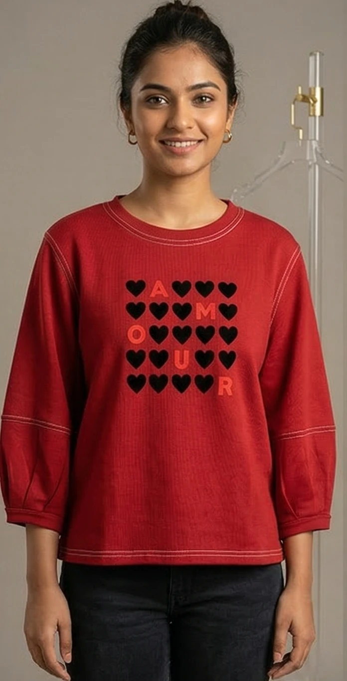 Amour Heart Print Lantern Sleeve Sweatshirt in Crimson Red