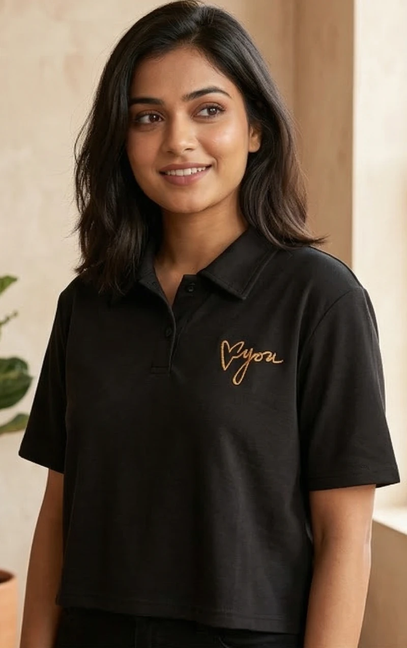 Women’s Black Cropped Polo with "For You" Gold Embroidery