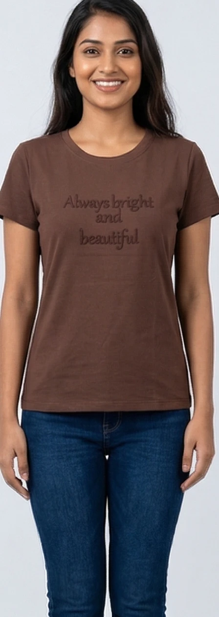 Women’s Chocolate Brown Embroidered Cotton T-Shirt – "Always Bright and Beautiful"