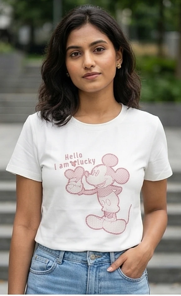 Women's "Hello I am Lucky" Mickey Mouse Embellished Graphic T-Shirt