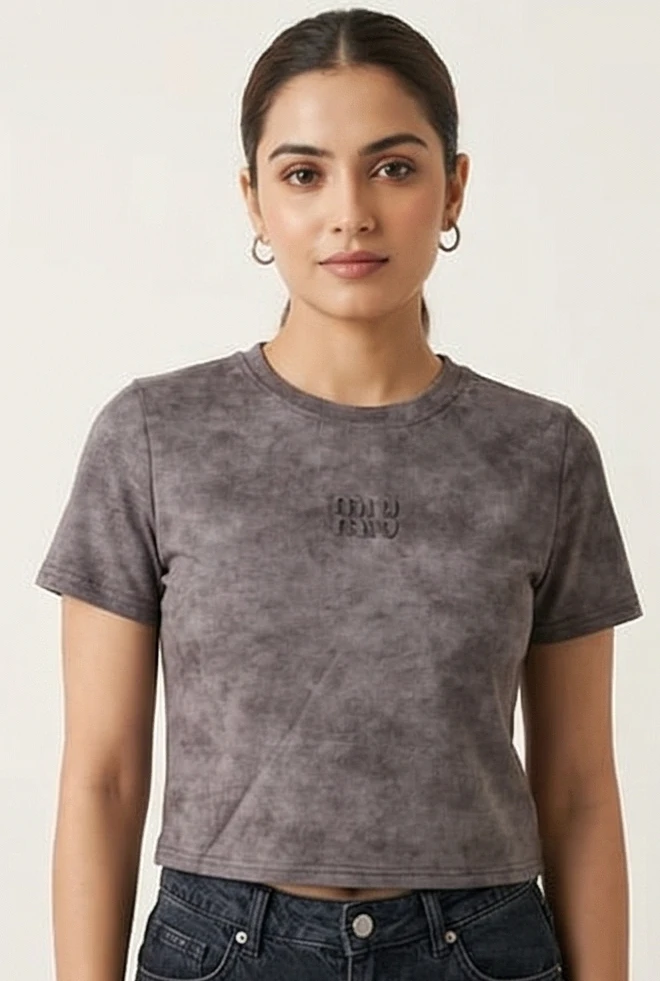 Women’s Acid Wash Charcoal Grey Ribbed Crop T-Shirt