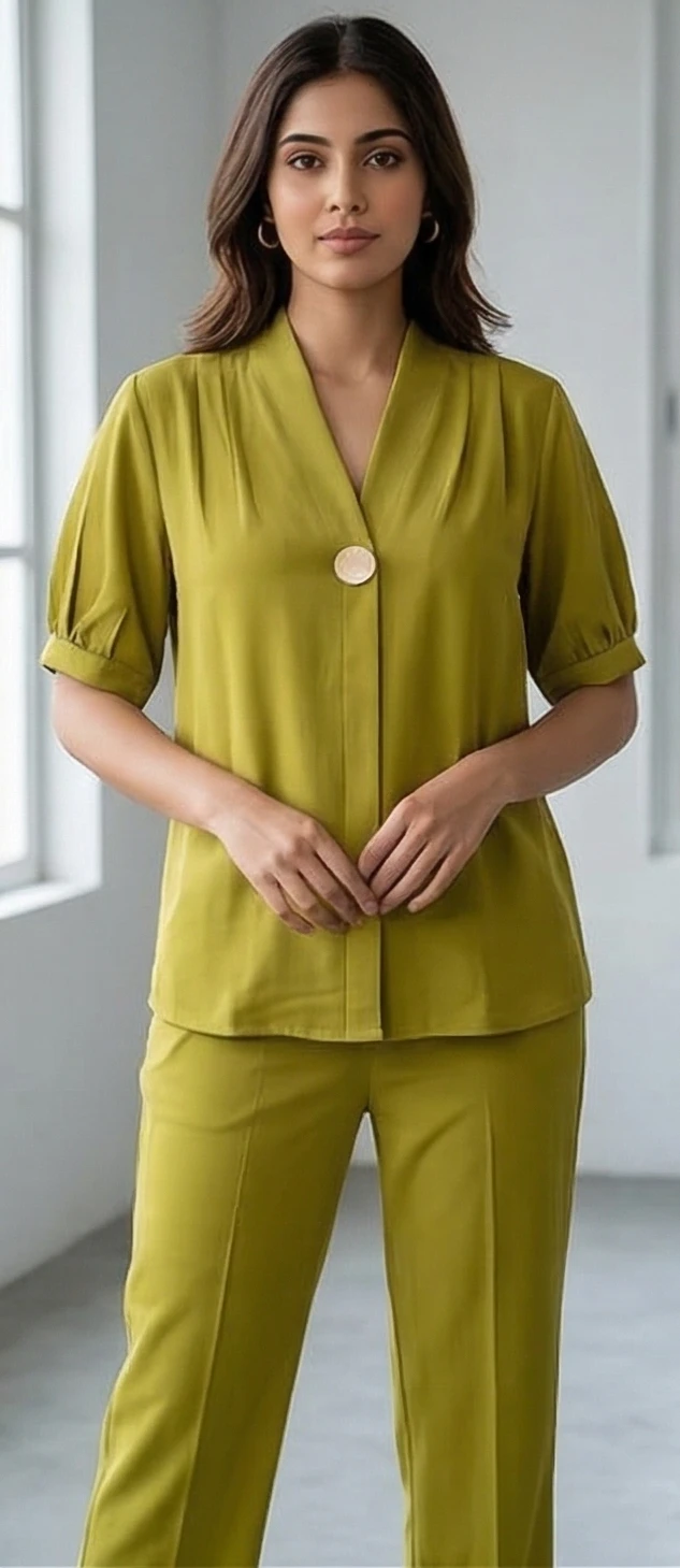 Women’s Lime Green Co-ord Set – Pleated V-Neck Tunic with Matching Straight-Fit Trousers