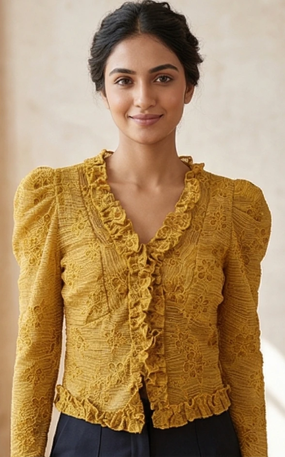 Yellow Floral Lace Ruffle top with Puff Sleeves and Flared Cuffs