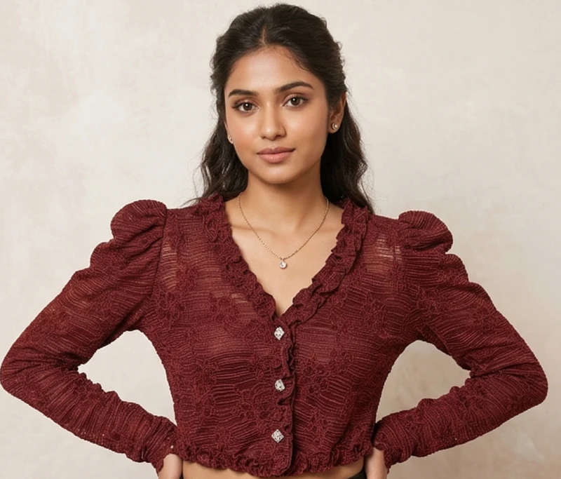 Women's Maroon Floral Lace Cropped top with Ruffled V-Neck and Puff Sleeves