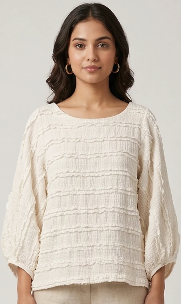 Women’s Off-White Textured Ruffle top with Lantern Sleeves