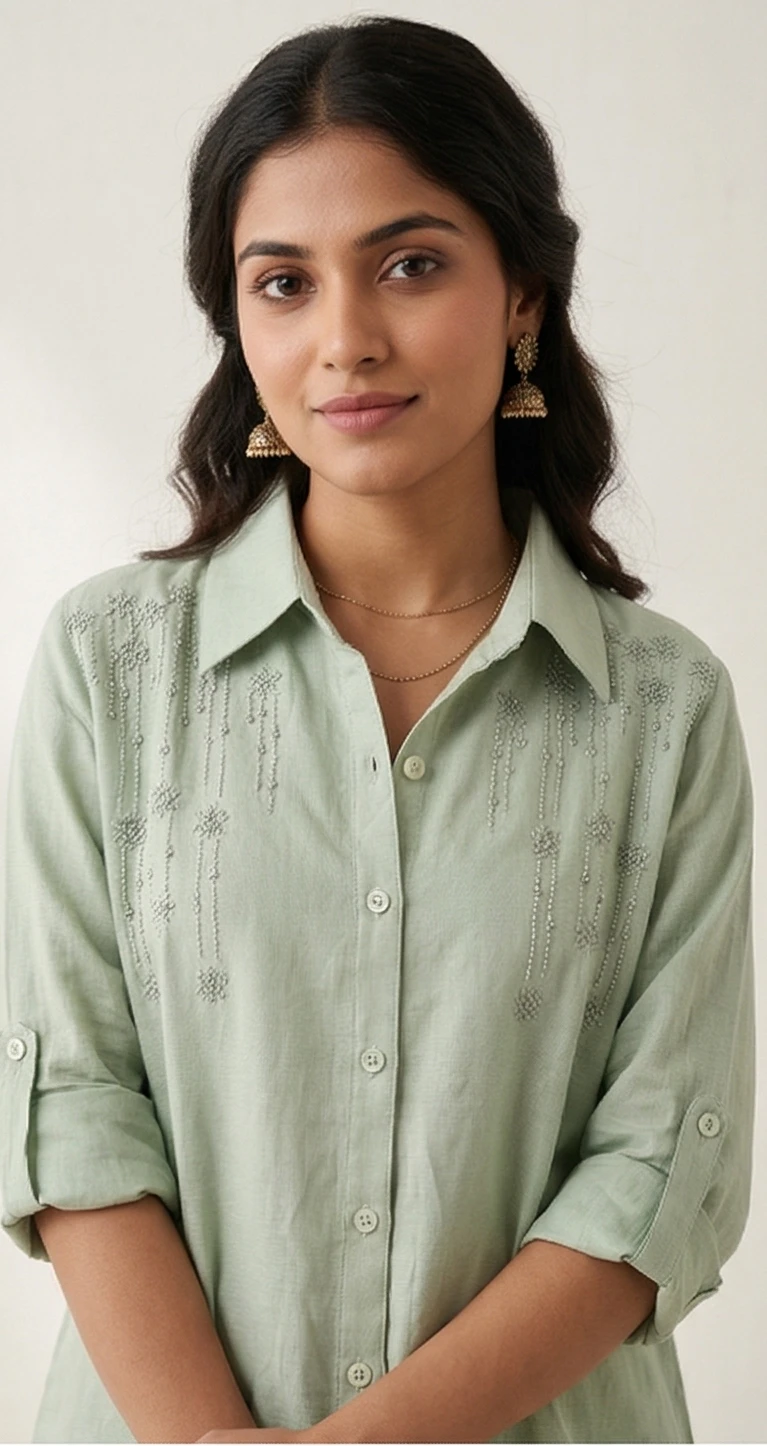 Sage Green Embroidered Linen Co-ord Set with High-Low Tunic and Wide-Leg Trousers