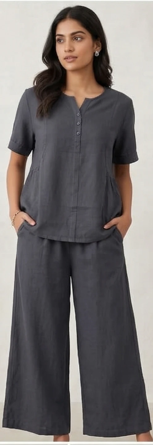 Women’s Slate Grey Linen-Blend Co-ord Set | Relaxed Tunic & Wide-Leg Trouser Duo